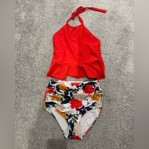 Janela Bay - Red Halter Top with Floral High-Waisted Bikini Bottom